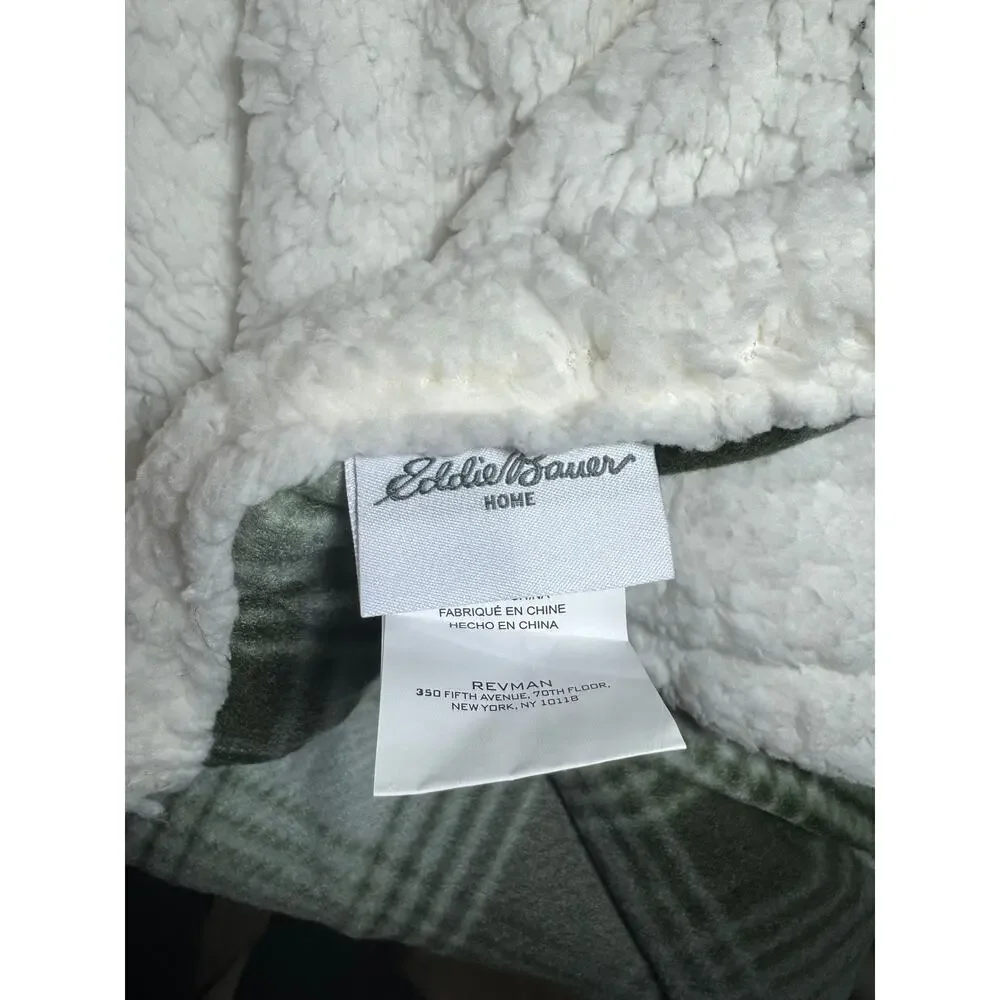 Eddie Bauer Green White Plaid Brushed Fleece Throw Blanket with Sherpa Reverse